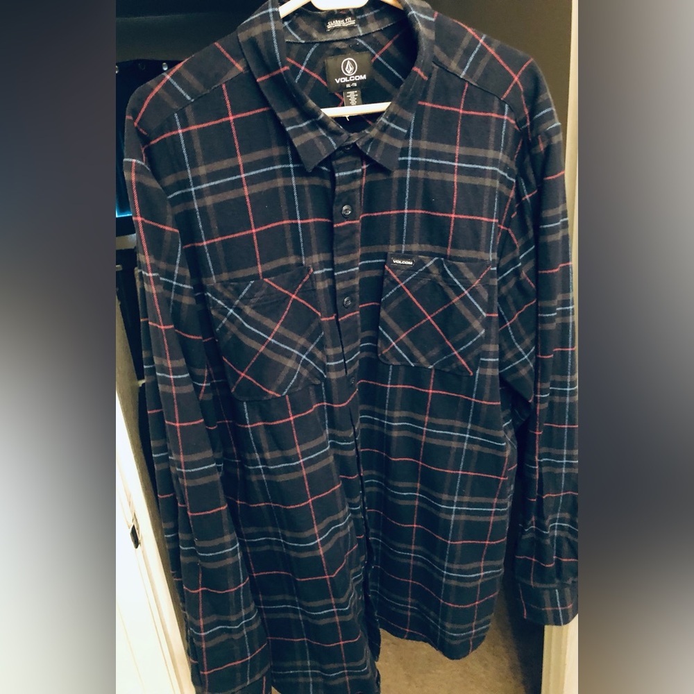 Volcom Navy Blue Plaid Flannel Striped Button-Down Shirt Men’s XXL